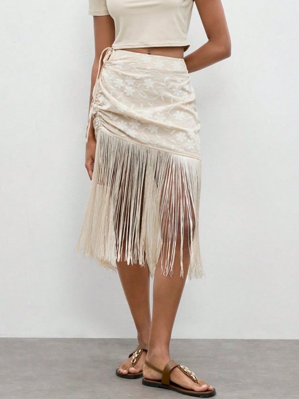 Apricot Boho Women's Elegant Floral Mini Fringe Skirt